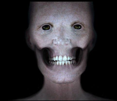 An image of Enox, The Grand Tower's face. He is a hairless, humanoid creature with no muscles or fat around his face. He has deep, hollowed in cheeks and inky black, sunken eyes.